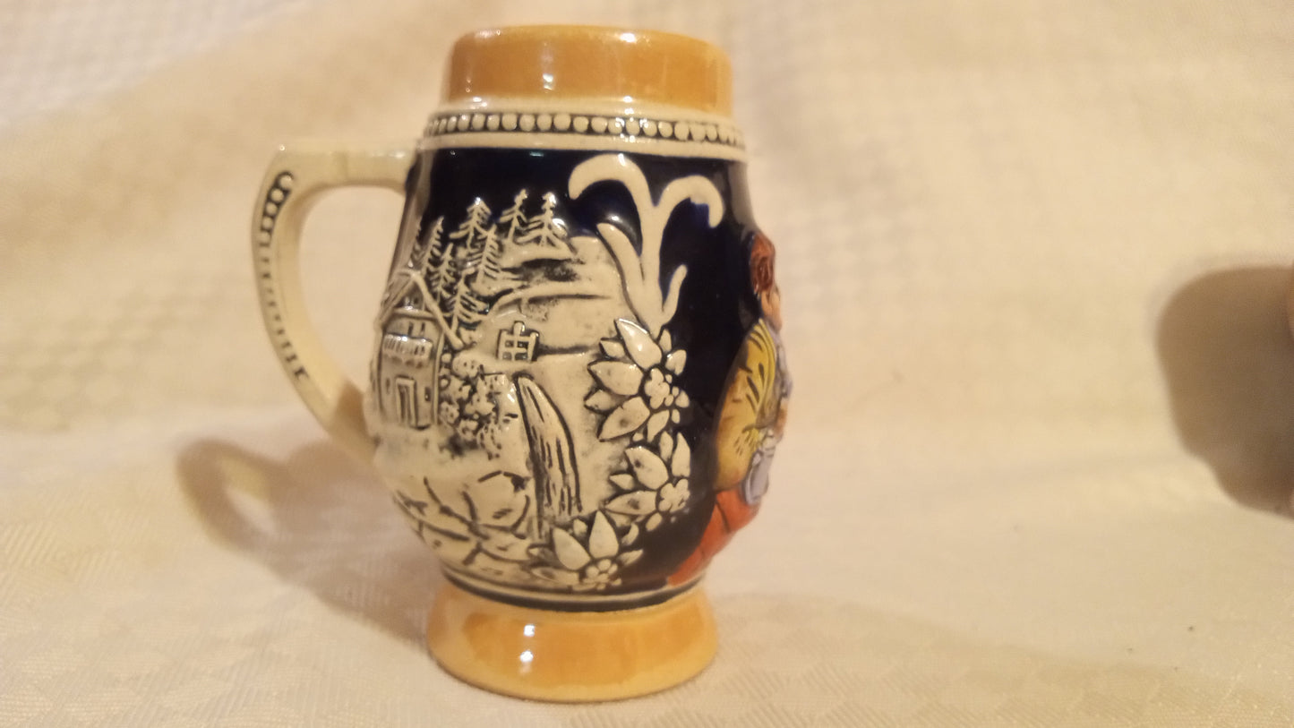 Vintage Bavarian Mini Stein #500 | Hand-Painted German Ceramic Relief Mug | Alpine Couple Souvenir (Mint)