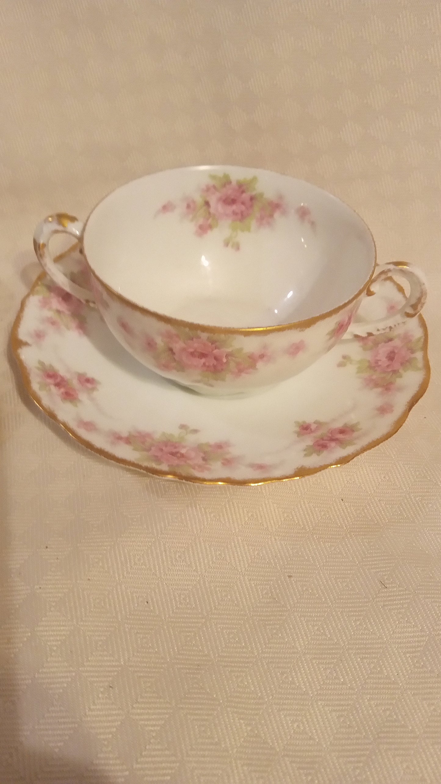 Elite Works Limoges Pink Rose Bouillon Set (2) | Antique French Porcelain