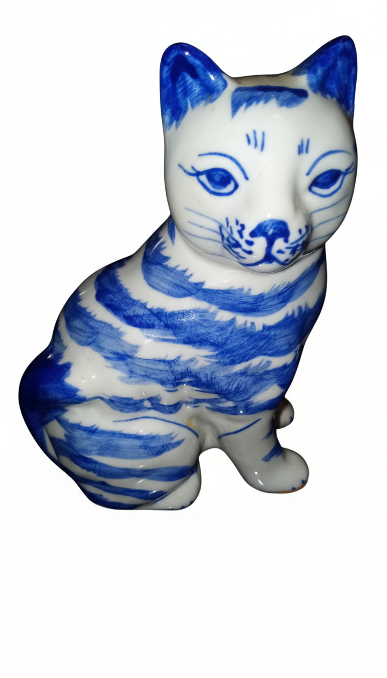 VINTAGE DELFT BLUE CAT TIGER PORCELAIN FIGURE