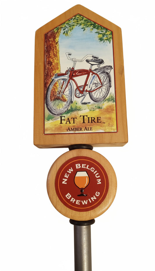 EXCELLENT! Vintage New Belgium FAT TIRE Amber Ale Wood Tap Handle | Iconic Bicycle Design 12"
