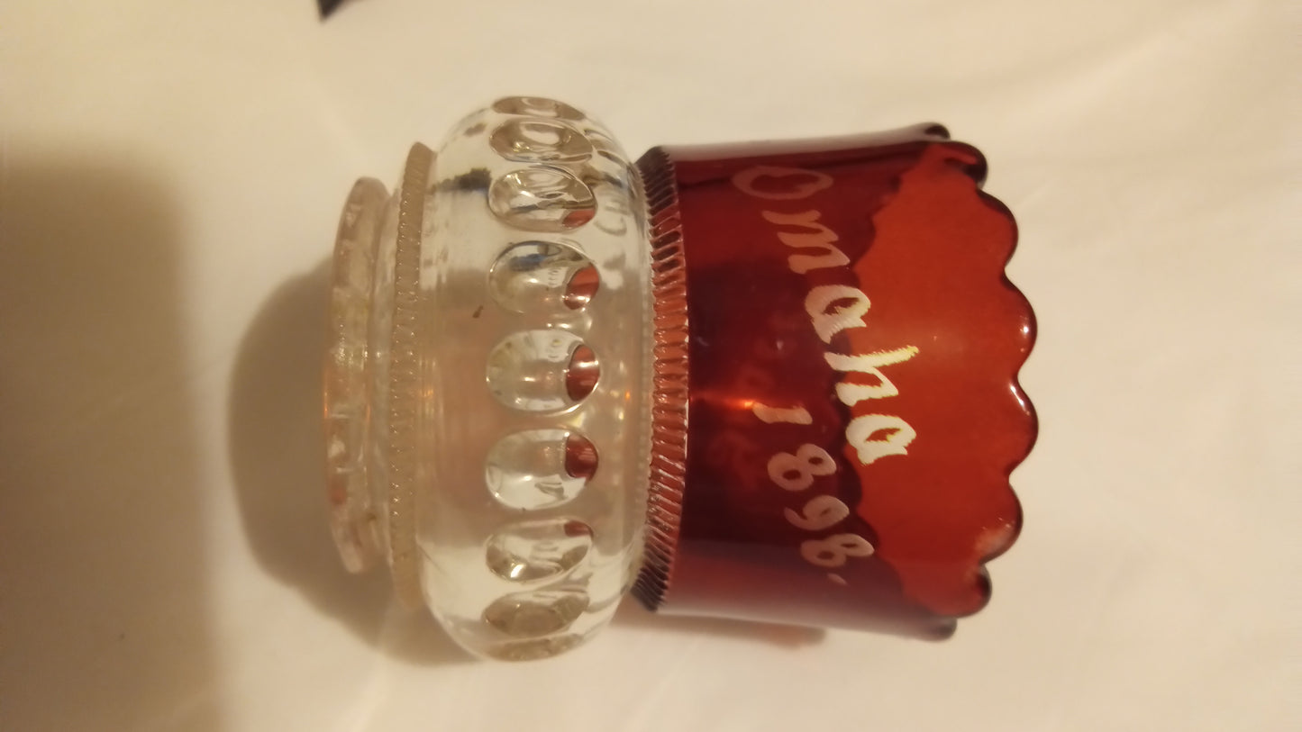 1898 Omaha Exposition Ruby Flash Souvenir | Etched "Omaha 1898" & "Grace" Match Holder | Antique 2.5" Pressed Glass