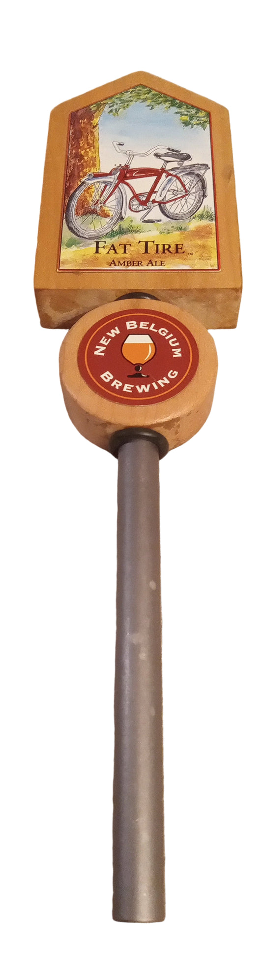 EXCELLENT! Vintage New Belgium FAT TIRE Amber Ale Wood Tap Handle | Iconic Bicycle Design 12"