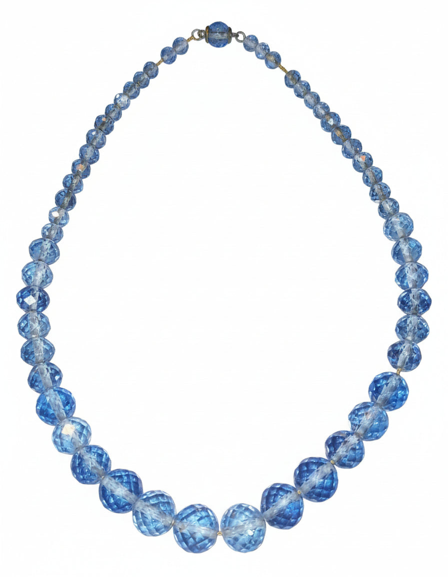 Vintage Art Deco Faceted Cut Glass Blue Crystal Necklace 16" Long