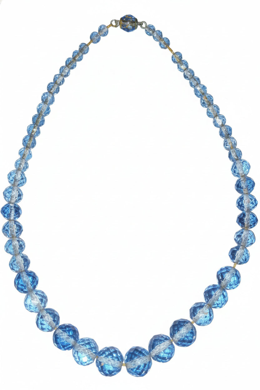 Vintage Art Deco Faceted Cut Glass Blue Crystal Necklace 16" Long