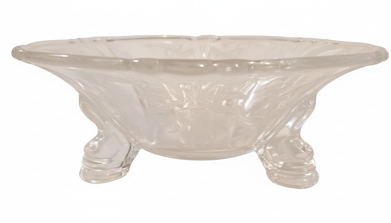 Heisey Orchid Etched Glass Bonbon Dish | 1940s Elegant Depression Era Crystal | 3-Footed Floral & Ribbon Candy Bowl | Mint Condition