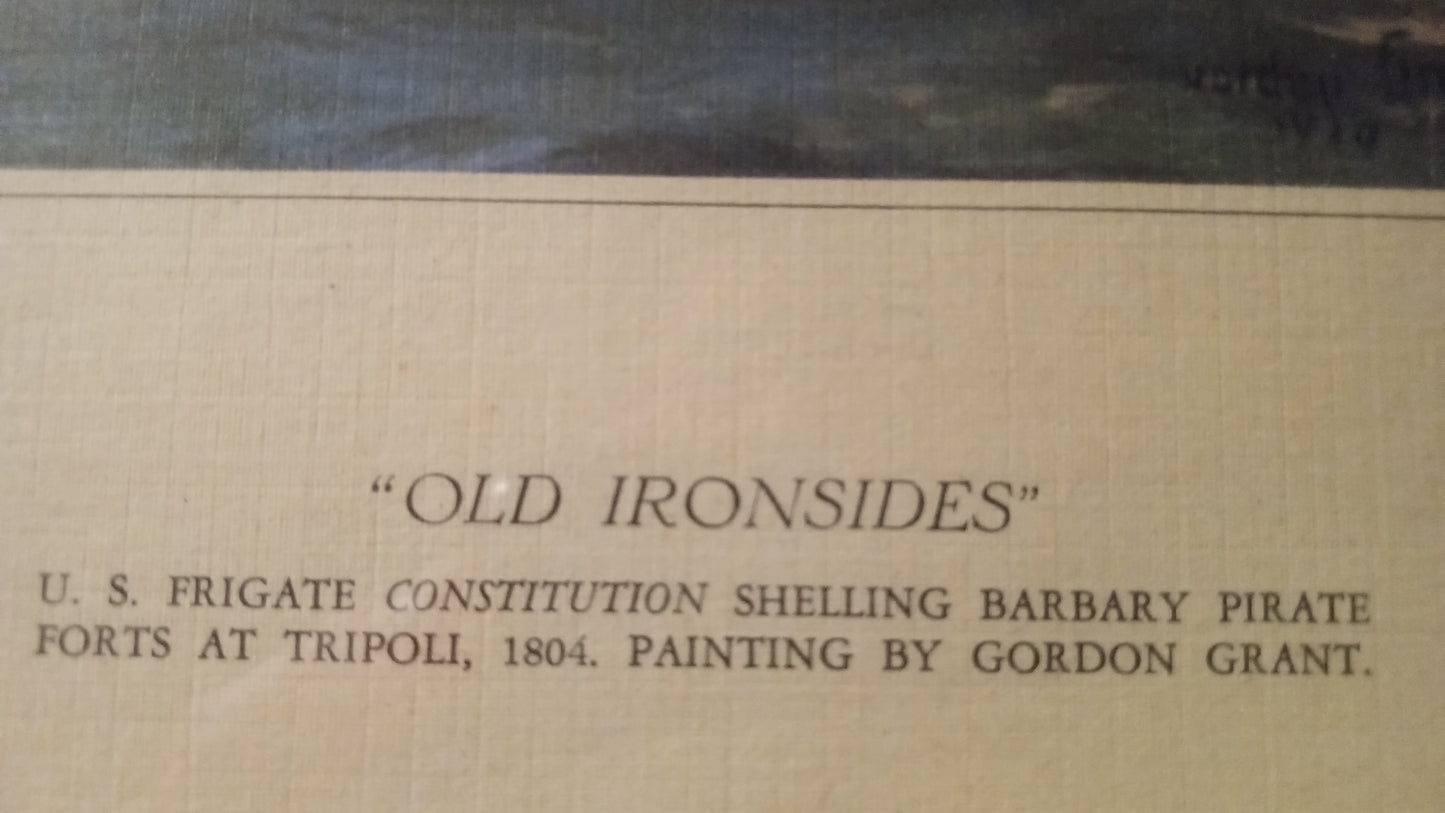 Vintage 1940s “Old Ironsides at Tripoli” Maritime Print by Gordon Grant – Framed Nautical History Art, USS Constitution Naval Scene