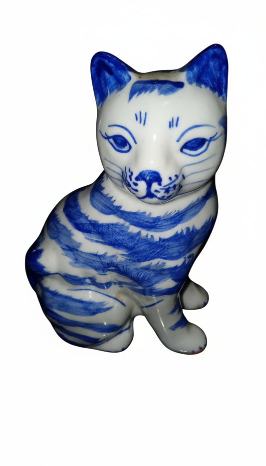 VINTAGE DELFT BLUE CAT TIGER PORCELAIN FIGURE