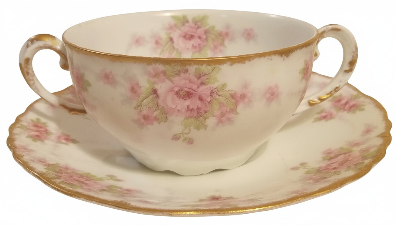 Elite Works Limoges Pink Rose Bouillon Set (2) | Antique French Porcelain