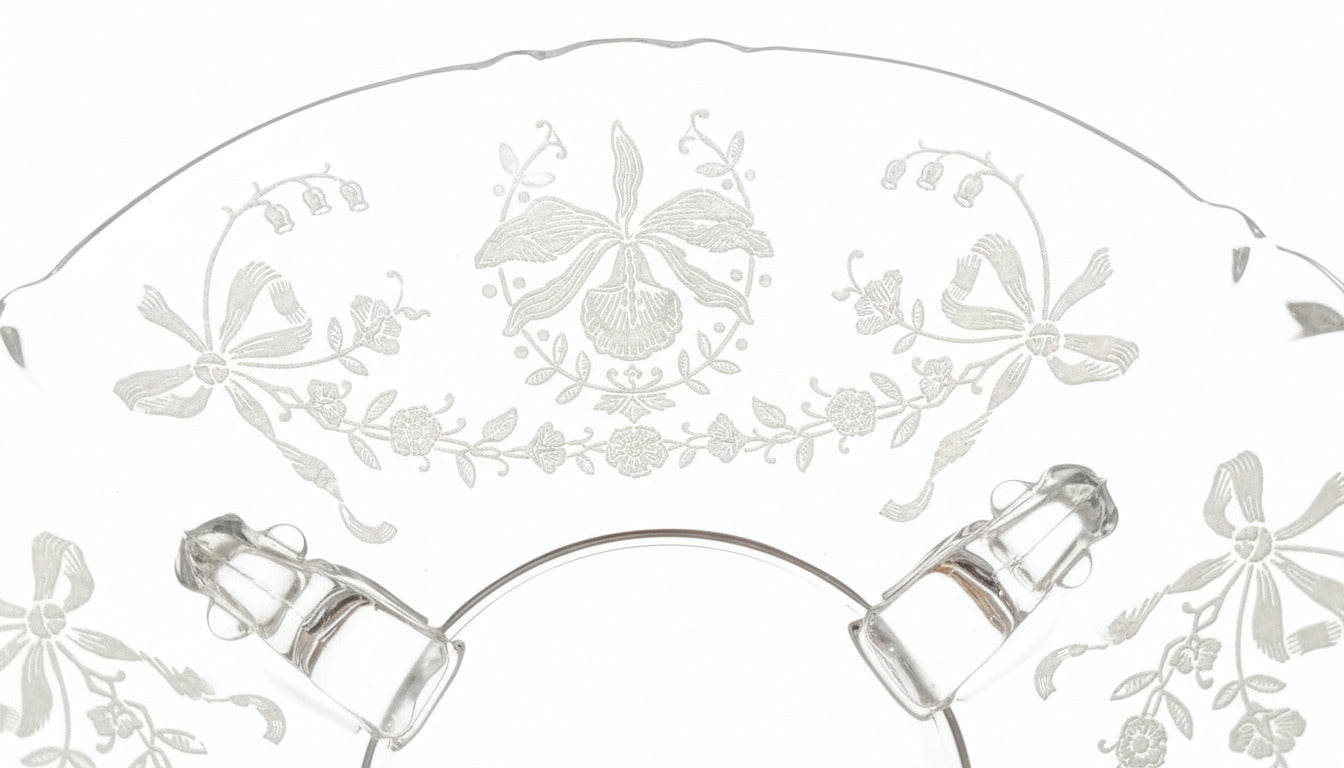 Heisey Orchid Etched Glass Bonbon Dish | 1940s Elegant Depression Era Crystal | 3-Footed Floral & Ribbon Candy Bowl | Mint Condition