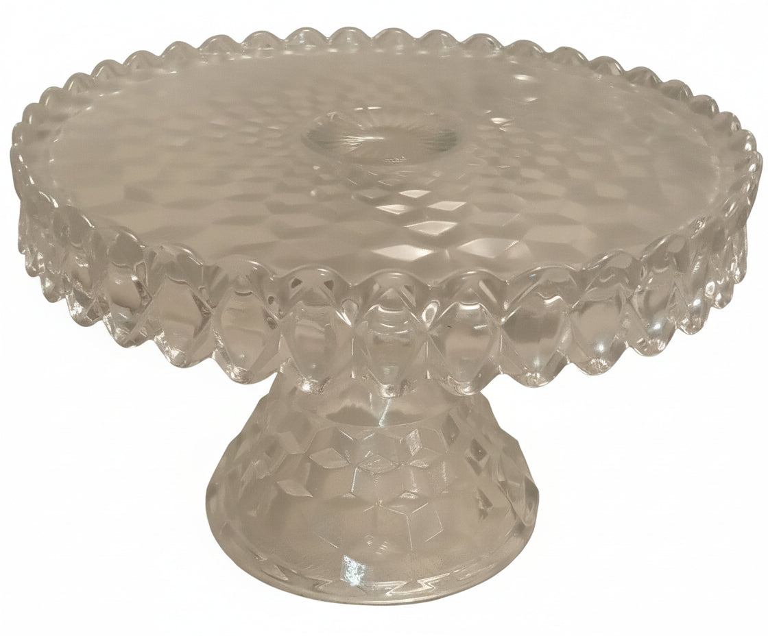 Vintage 10" Fostoria 'American' Block Style Pressed Glass Cake Stand | Mid-Century Dessert Comport (7" Tall)