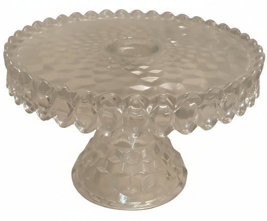 Vintage 10" Fostoria 'American' Block Style Pressed Glass Cake Stand | Mid-Century Dessert Comport (7" Tall)