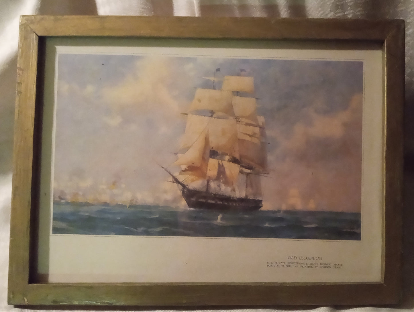 Vintage 1940s “Old Ironsides at Tripoli” Maritime Print by Gordon Grant – Framed Nautical History Art, USS Constitution Naval Scene