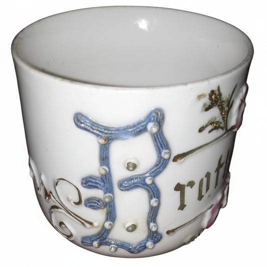 Antique Hand-Painted "Brother" Cup | Jeweled Enamel Porcelain Mug | Victorian Era Gift